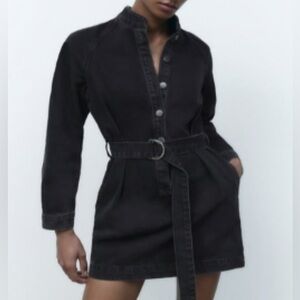 Zara Raglan Belted Denim Dress Dark Wash Womens Size L NWT
